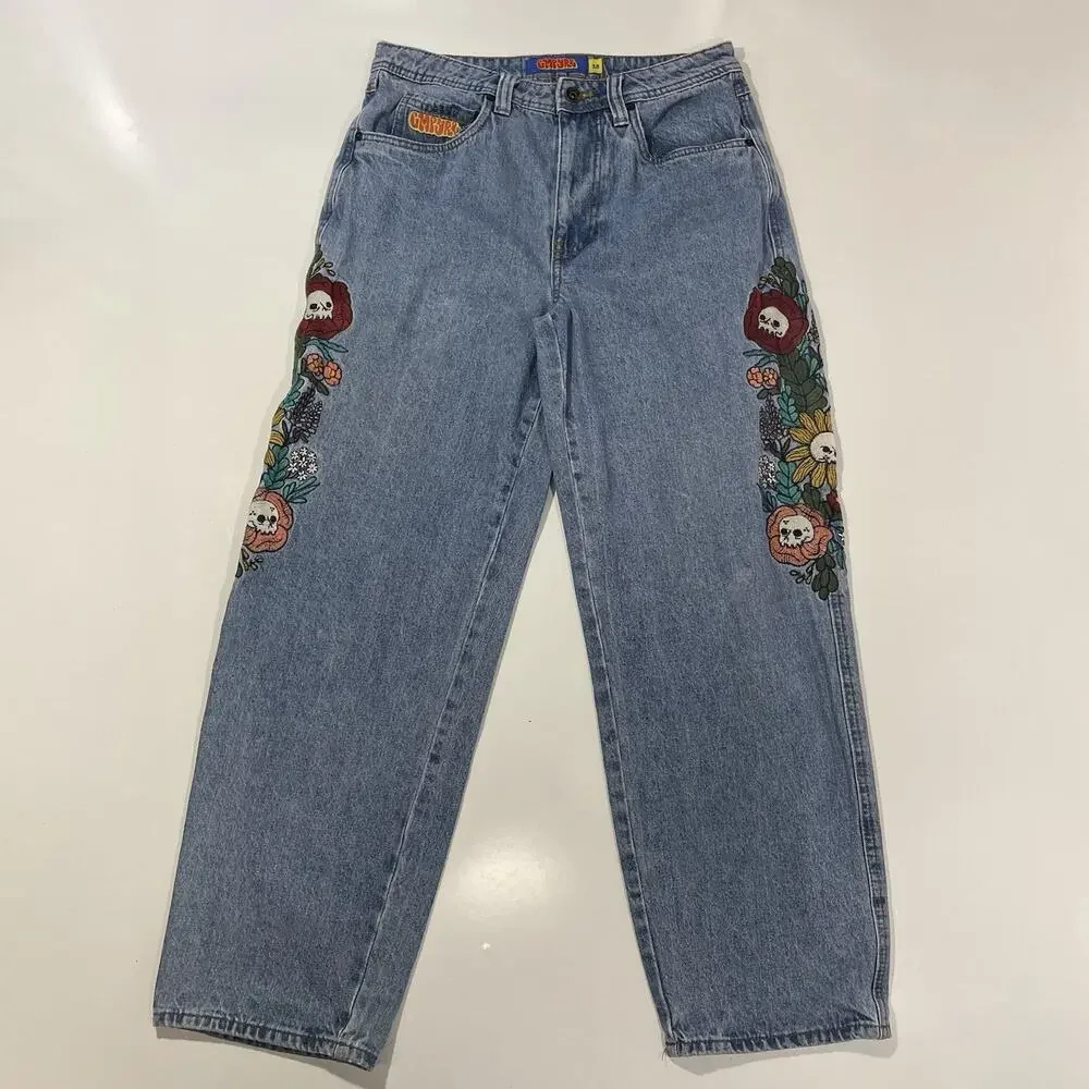 Empyre Baggy Jeans Floral Embroidered Light Wash Blue Denim Face Flowers Size 28